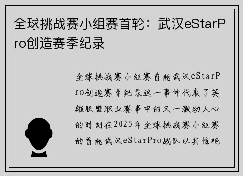 全球挑战赛小组赛首轮：武汉eStarPro创造赛季纪录